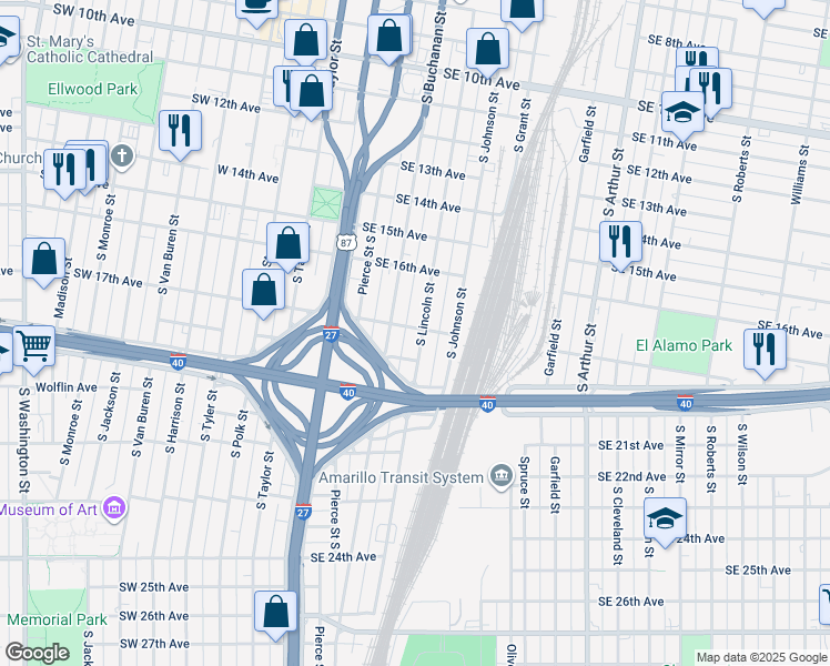 map of restaurants, bars, coffee shops, grocery stores, and more near 1700 South Lincoln Street in Amarillo
