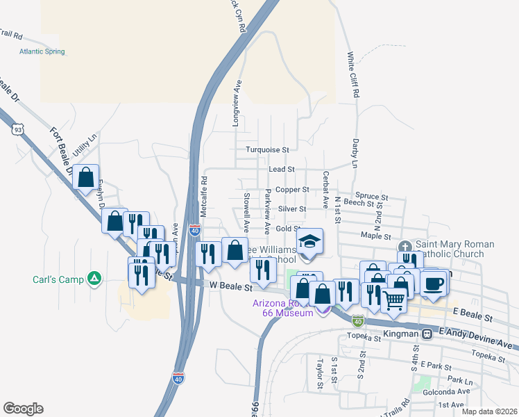 map of restaurants, bars, coffee shops, grocery stores, and more near 539 Silver Street in Kingman