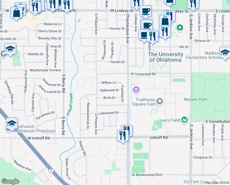 map of restaurants, bars, coffee shops, grocery stores, and more near 808 Oakbrook Drive in Norman