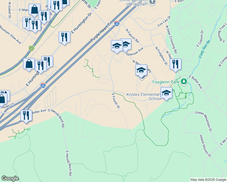 map of restaurants, bars, coffee shops, grocery stores, and more near E Butler Ave & N 4th St in Flagstaff