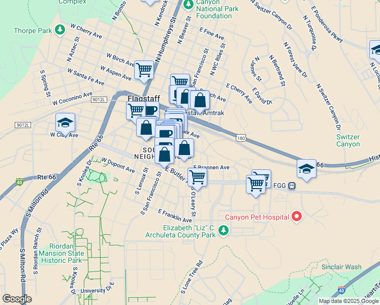 map of restaurants, bars, coffee shops, grocery stores, and more near 209 East Cottage Avenue in Flagstaff
