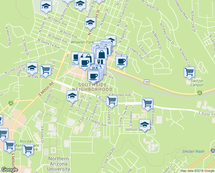 map of restaurants, bars, coffee shops, grocery stores, and more near 209 East Cottage Avenue in Flagstaff