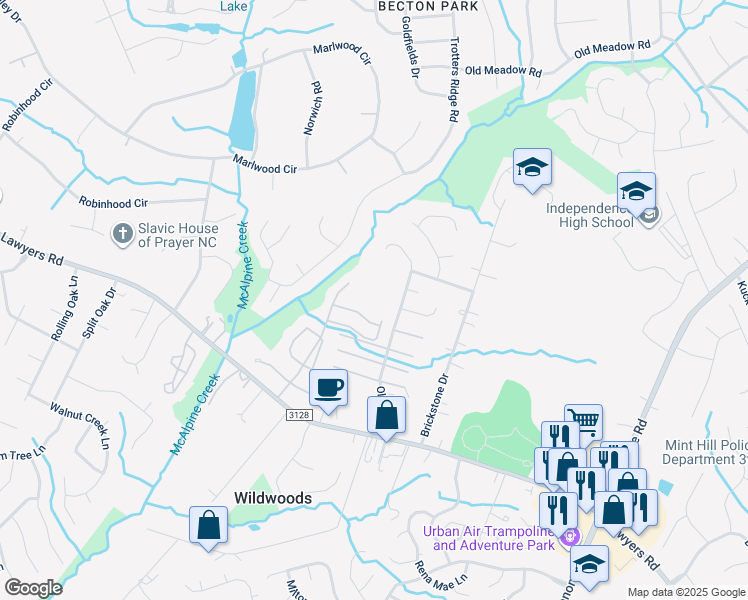 map of restaurants, bars, coffee shops, grocery stores, and more near 5655 Olivet Drive in Charlotte