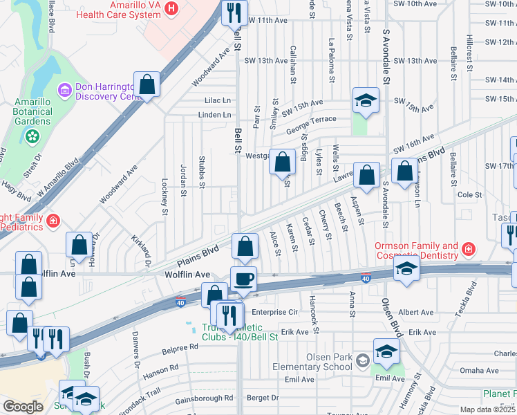 map of restaurants, bars, coffee shops, grocery stores, and more near 1565 Parr Street in Amarillo