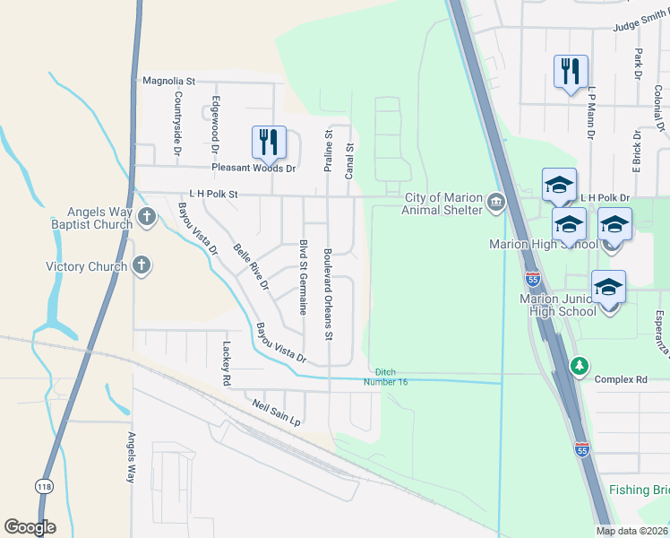 map of restaurants, bars, coffee shops, grocery stores, and more near 928 Bayou Vista Drive in Marion