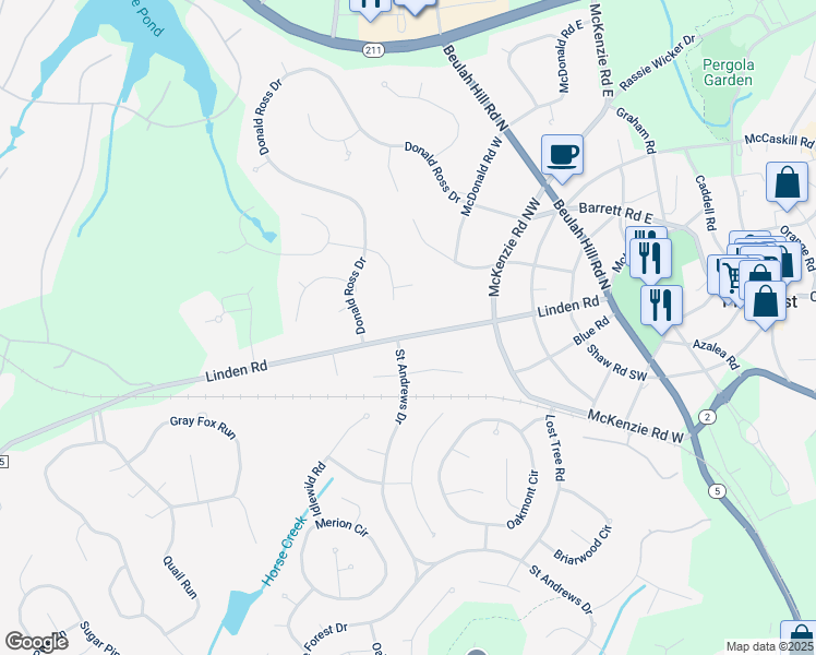 map of restaurants, bars, coffee shops, grocery stores, and more near 195 Linden Road in Pinehurst
