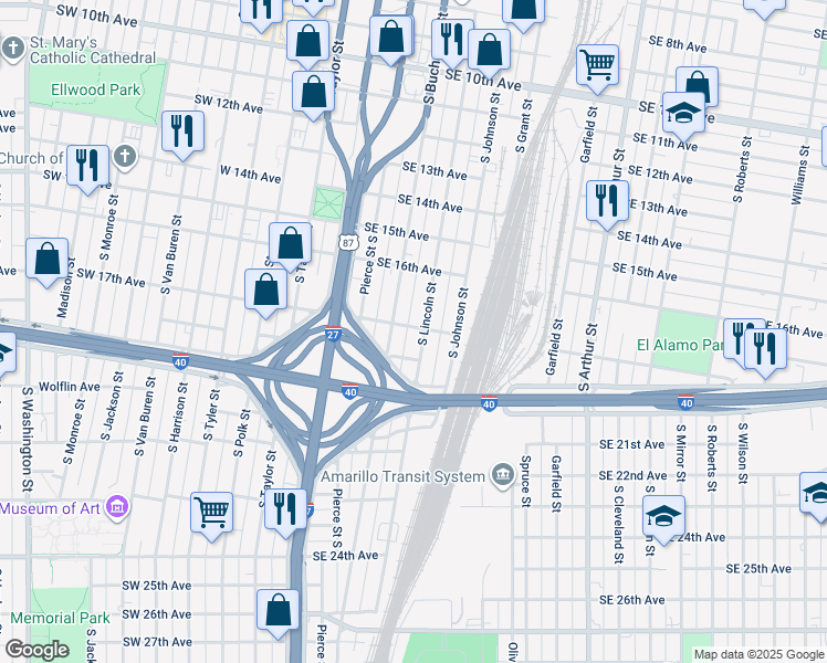 map of restaurants, bars, coffee shops, grocery stores, and more near 1700 South Lincoln Street in Amarillo