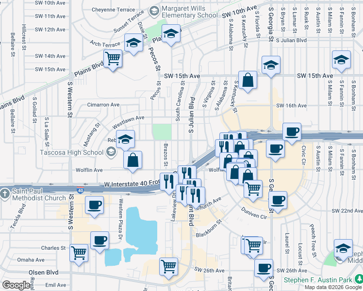 map of restaurants, bars, coffee shops, grocery stores, and more near 1905 S Carolina St in Amarillo