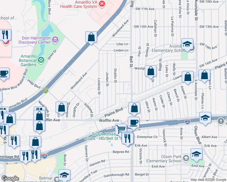 map of restaurants, bars, coffee shops, grocery stores, and more near 1609 Jordan Street in Amarillo