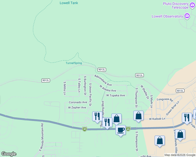 map of restaurants, bars, coffee shops, grocery stores, and more near 2417 Adirondack Avenue in Flagstaff