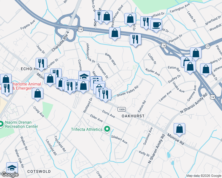 map of restaurants, bars, coffee shops, grocery stores, and more near in Charlotte