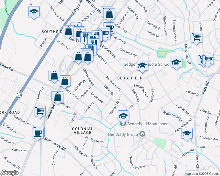 map of restaurants, bars, coffee shops, grocery stores, and more near 520 Melbourne Court in Charlotte
