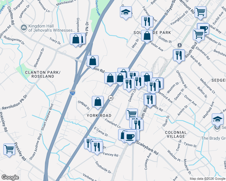 map of restaurants, bars, coffee shops, grocery stores, and more near in Charlotte