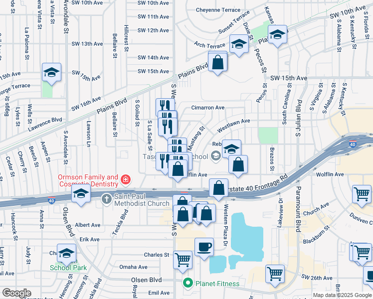 map of restaurants, bars, coffee shops, grocery stores, and more near 1822 Mustang Street in Amarillo