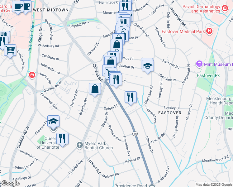 map of restaurants, bars, coffee shops, grocery stores, and more near 1045 Providence Rd in Charlotte