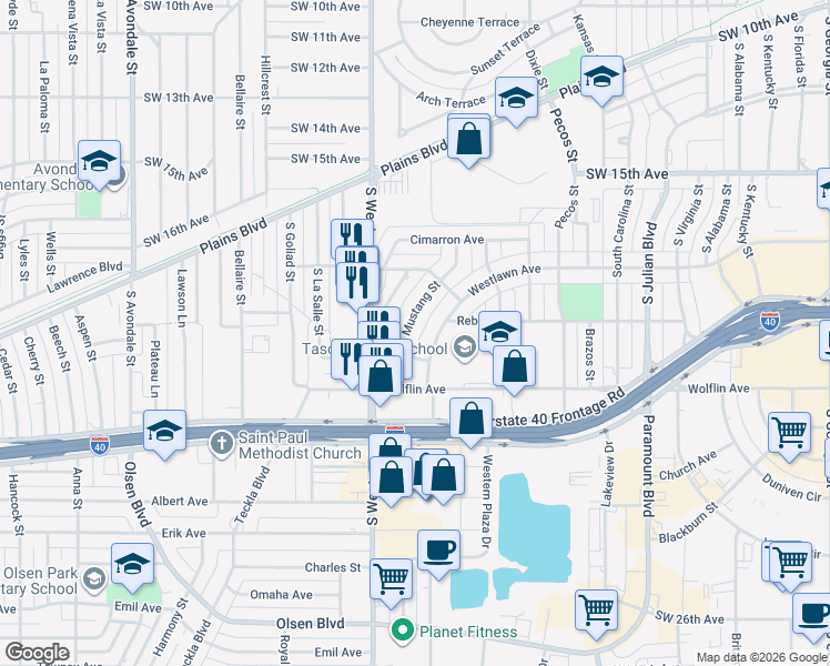 map of restaurants, bars, coffee shops, grocery stores, and more near 1822 Mustang Street in Amarillo