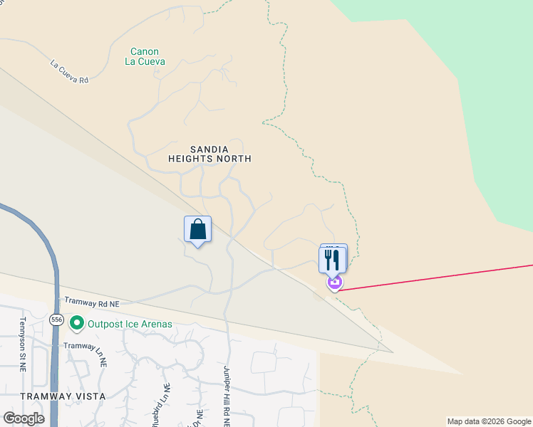 map of restaurants, bars, coffee shops, grocery stores, and more near 52 Rock Ridge Court Northeast in Albuquerque