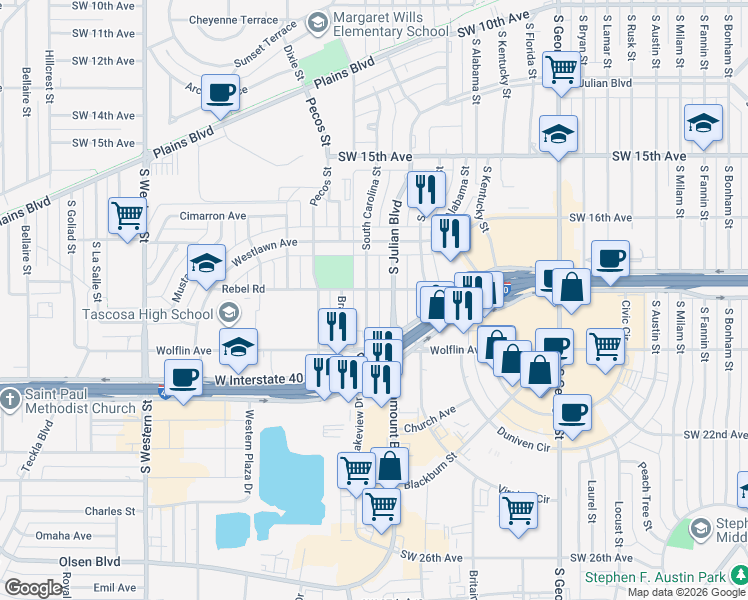 map of restaurants, bars, coffee shops, grocery stores, and more near 1905 S Carolina St in Amarillo
