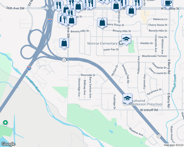 map of restaurants, bars, coffee shops, grocery stores, and more near 2105 Riverside Drive in Norman