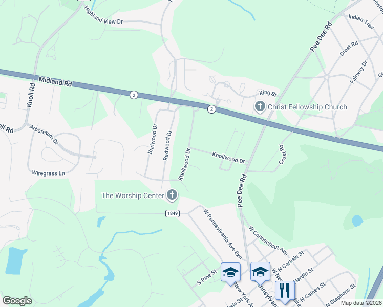 map of restaurants, bars, coffee shops, grocery stores, and more near 744 Knollwood Drive in Southern Pines