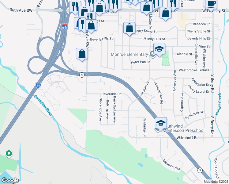 map of restaurants, bars, coffee shops, grocery stores, and more near 2105 Riverside Drive in Norman