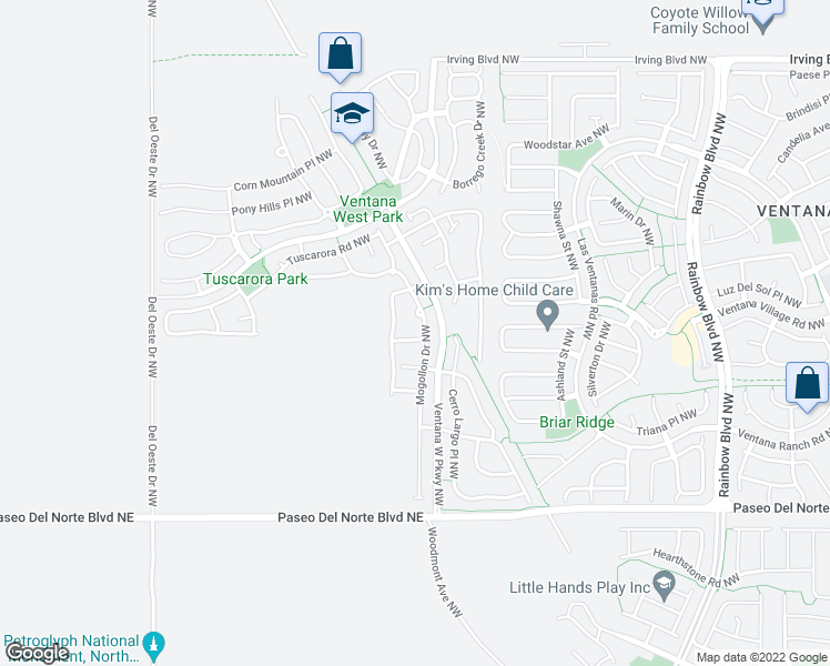 map of restaurants, bars, coffee shops, grocery stores, and more near 7905 Dragoon Road Northwest in Albuquerque