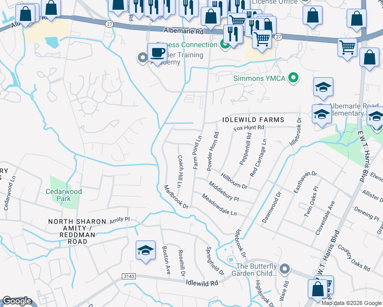 map of restaurants, bars, coffee shops, grocery stores, and more near 6114 Farm Pond Lane in Charlotte
