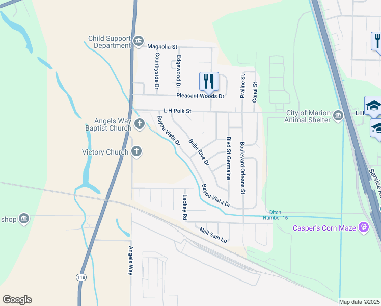 map of restaurants, bars, coffee shops, grocery stores, and more near 829 Bayou Vista Drive in Marion