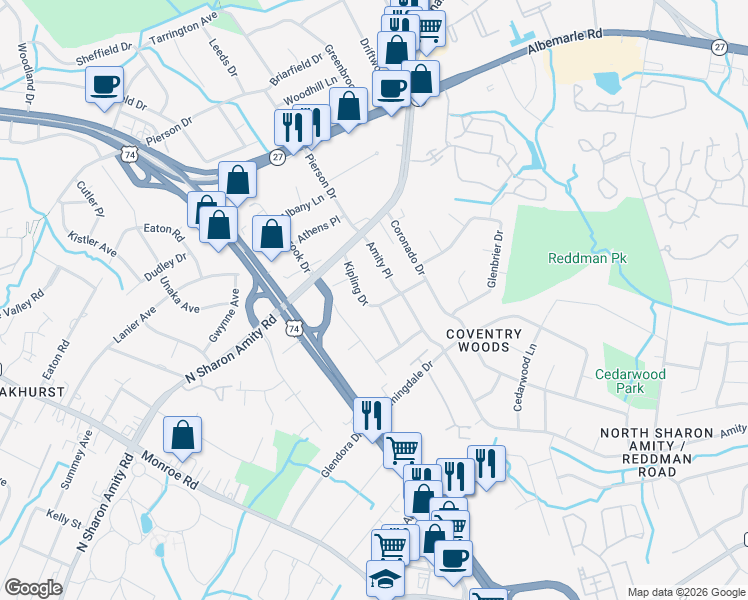 map of restaurants, bars, coffee shops, grocery stores, and more near 4667 Kipling Drive in Charlotte