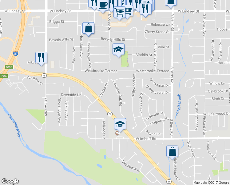map of restaurants, bars, coffee shops, grocery stores, and more near 2438 Smoking Oak Road in Norman