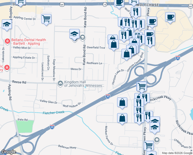 map of restaurants, bars, coffee shops, grocery stores, and more near 7868 Bland Lane in Memphis