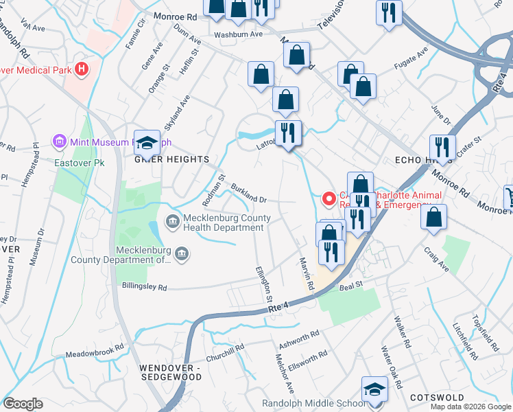 map of restaurants, bars, coffee shops, grocery stores, and more near 3534 Burkland Drive in Charlotte