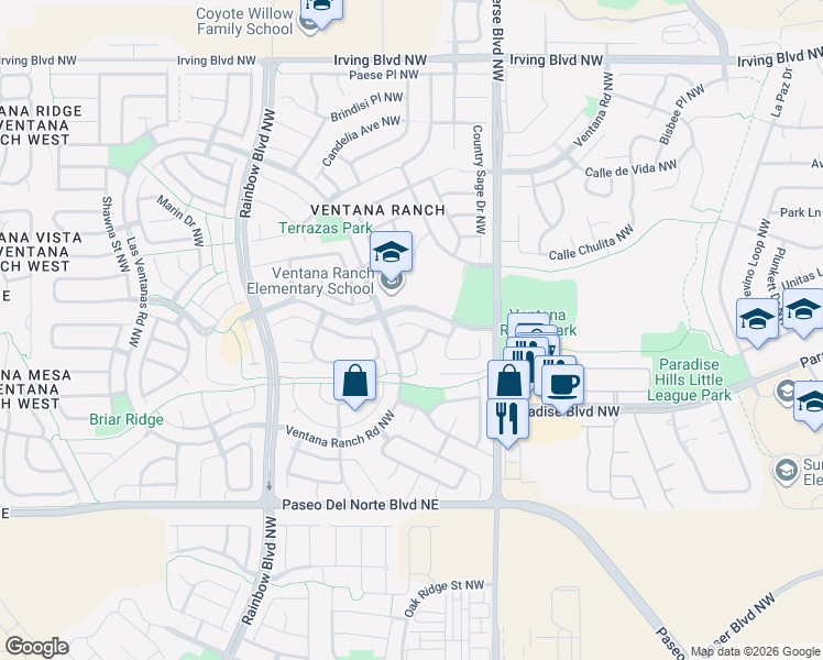 map of restaurants, bars, coffee shops, grocery stores, and more near 6816 Platt Place Northwest in Albuquerque
