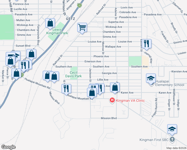 map of restaurants, bars, coffee shops, grocery stores, and more near 2508 Georgia Avenue in Kingman