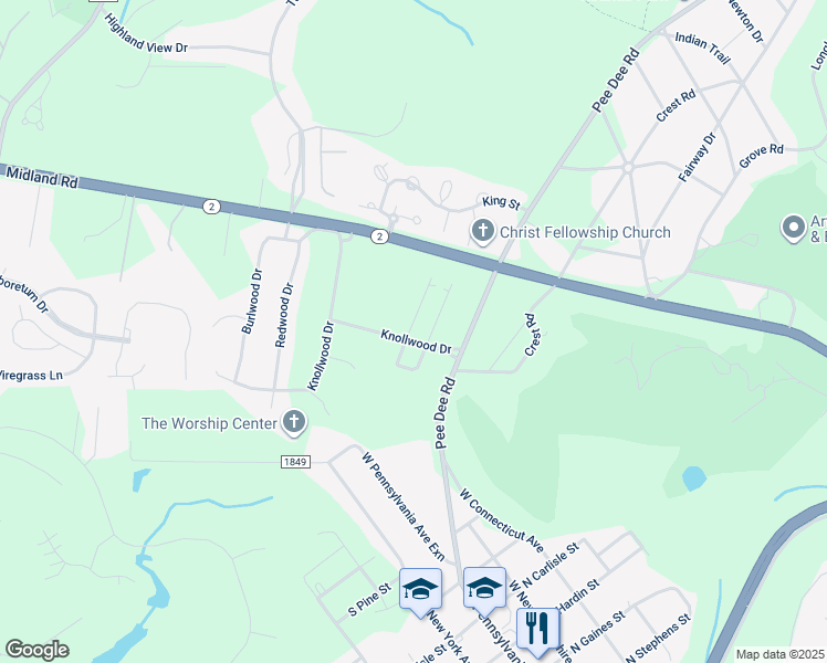 map of restaurants, bars, coffee shops, grocery stores, and more near 116 Knollwood Drive in Southern Pines