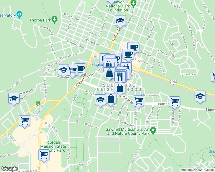 map of restaurants, bars, coffee shops, grocery stores, and more near 208 South Beaver Street in Flagstaff