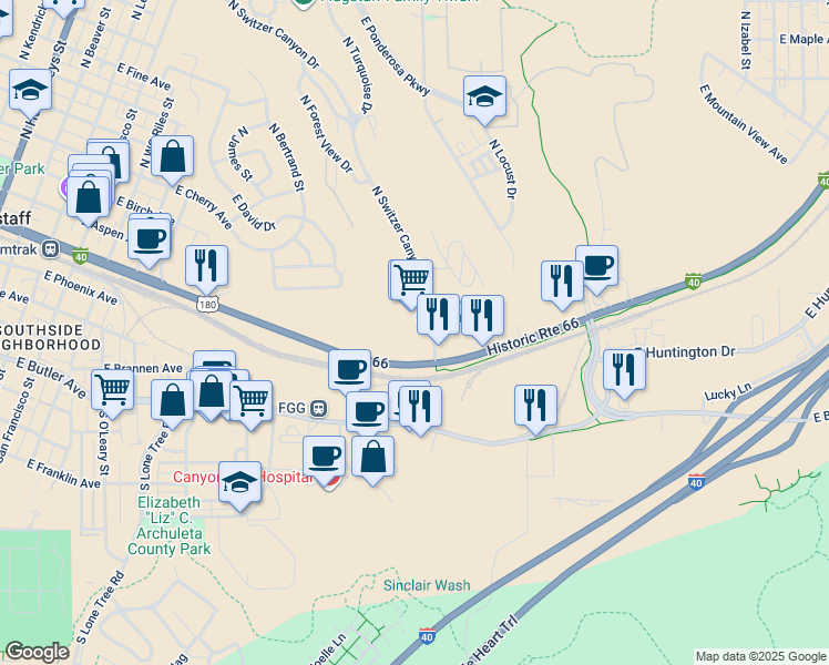 map of restaurants, bars, coffee shops, grocery stores, and more near 201 North Switzer Canyon Drive in Flagstaff