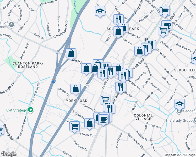 map of restaurants, bars, coffee shops, grocery stores, and more near 3642 Tryclan Drive in Charlotte