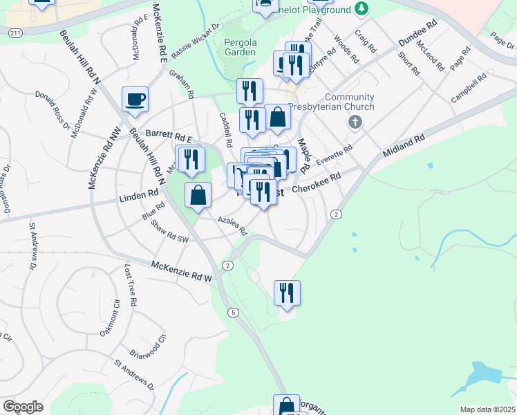 map of restaurants, bars, coffee shops, grocery stores, and more near 95 Cherokee Road in Pinehurst