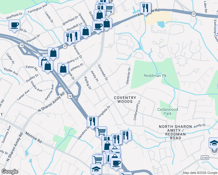 map of restaurants, bars, coffee shops, grocery stores, and more near 4816 Coronado Drive in Charlotte