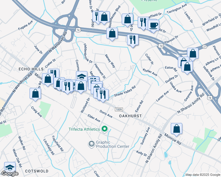 map of restaurants, bars, coffee shops, grocery stores, and more near 3055 Salix Bend Drive in Charlotte