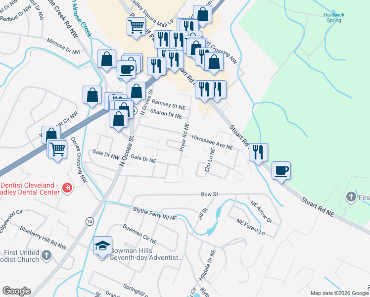 map of restaurants, bars, coffee shops, grocery stores, and more near 4160 Pryor Road Northeast in Cleveland