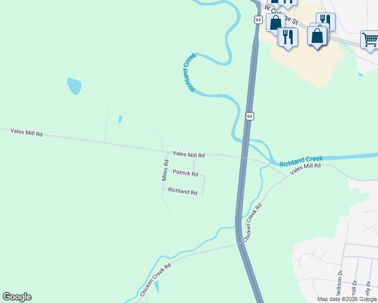 map of restaurants, bars, coffee shops, grocery stores, and more near 1714 Vales Mill Road in Pulaski