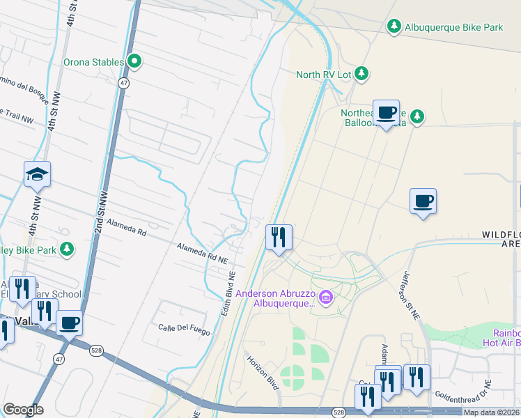 map of restaurants, bars, coffee shops, grocery stores, and more near 10130 Edith Boulevard Northeast in Albuquerque