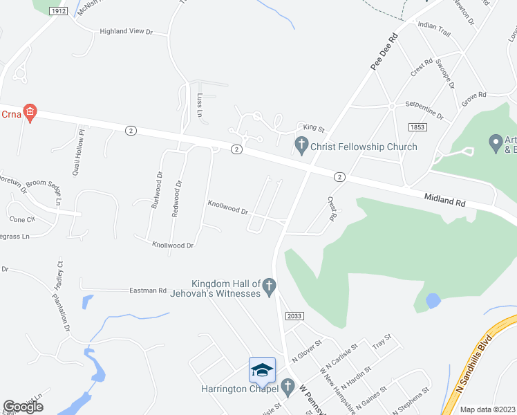 map of restaurants, bars, coffee shops, grocery stores, and more near 631 Knollwood Drive in Southern Pines