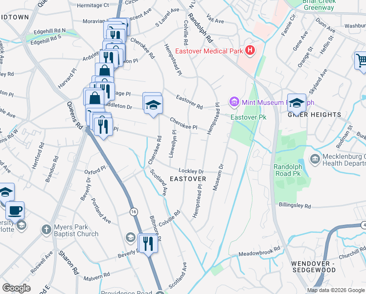 map of restaurants, bars, coffee shops, grocery stores, and more near 651 Colville Road in Charlotte