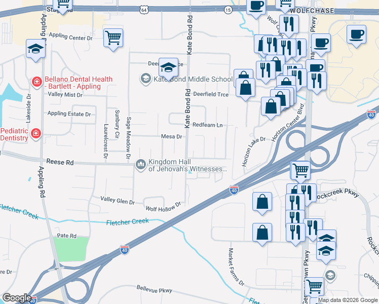 map of restaurants, bars, coffee shops, grocery stores, and more near 7828 Bland Lane in Memphis