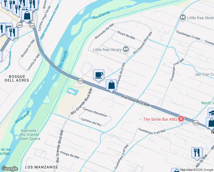 map of restaurants, bars, coffee shops, grocery stores, and more near 1111 Alameda Boulevard Northwest in Albuquerque