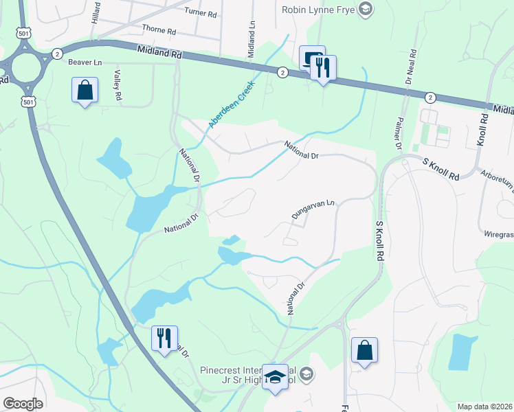 map of restaurants, bars, coffee shops, grocery stores, and more near 130 Cochran Castle Circle in Pinehurst