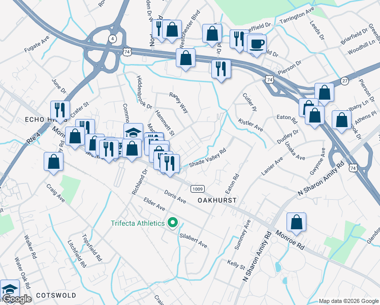 map of restaurants, bars, coffee shops, grocery stores, and more near in Charlotte
